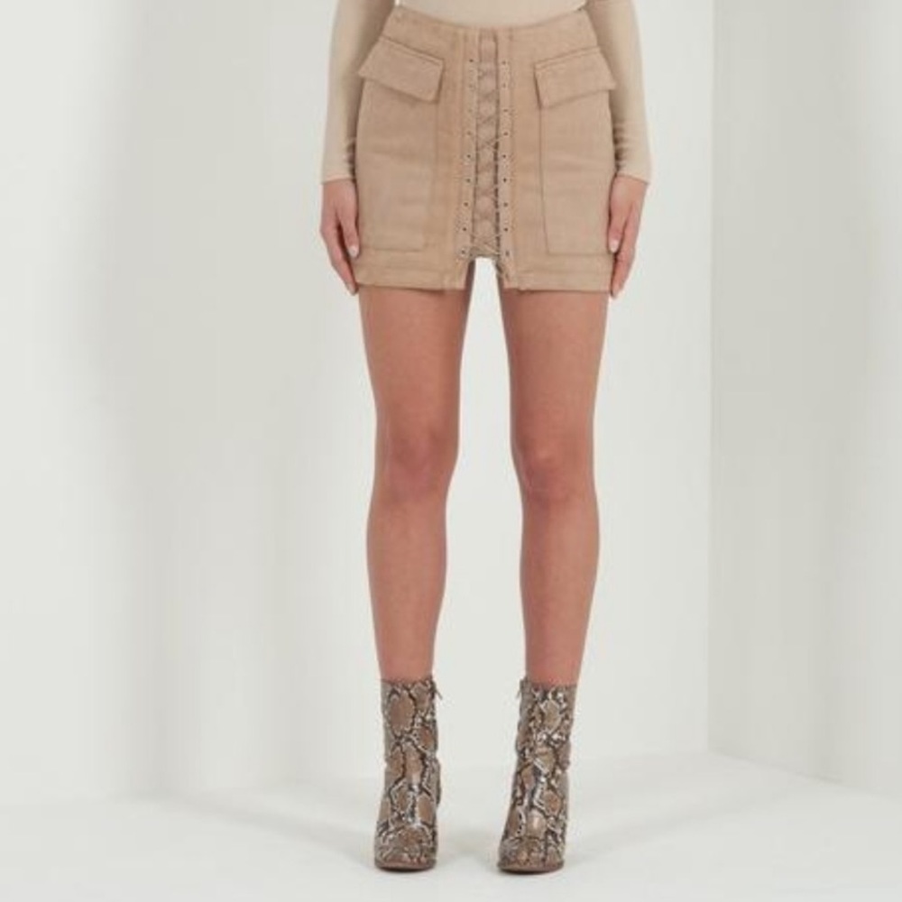 SUEDE LACE-UP SKIRT - BEIGE